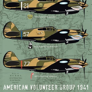 May include: A vintage poster depicting three P-40 Warhawk fighter planes, each with a unique design and squadron name. The planes are flying over a map of Burma, with the text "American Volunteer Group 1941 "The Flying Tigers" ".