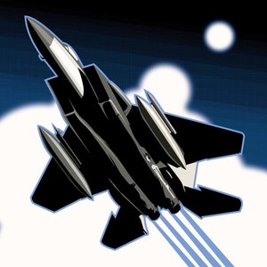 May include: A black fighter jet flying through the air with white clouds and a blue sky in the background. The jet has two afterburners on the bottom and two missiles on the sides.