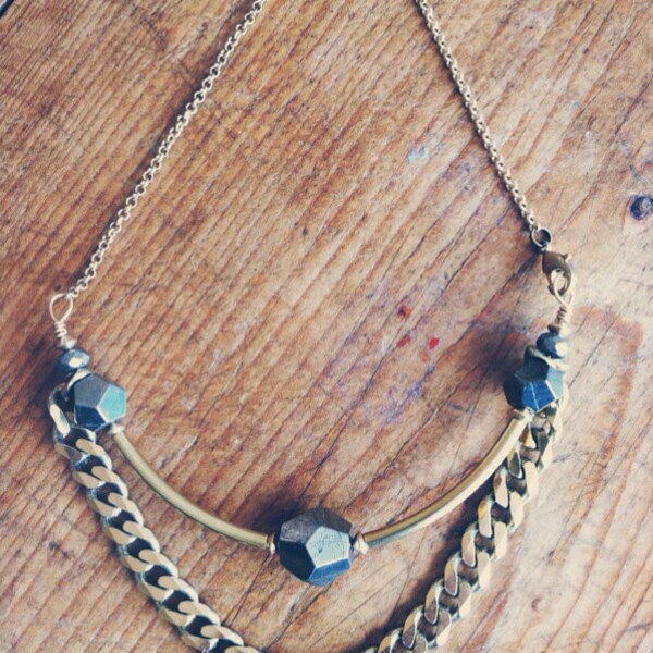 Moon Dust- Brass and Geometric Pyrite Choker Necklace