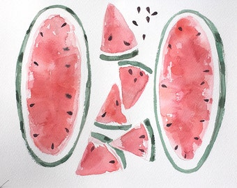 Watermelon Watercolor Painting/ Fruits illustration/ Watercolor original- Red and Green Summer Fruit Still Life/ Fruits wall art