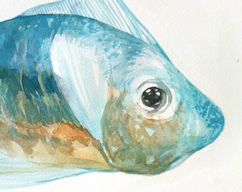 Watercolor painting original | Fantasy Blue Fish Illustration | Small watercolors 7x11 | Fish ocean wall art/ Art lover gift | Zodiac art