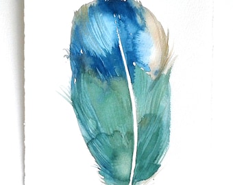Teal Blue Feather Watercolor Painting, Minimalist Art (7.5x11)
