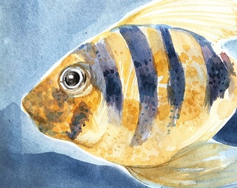 Watercolor painting original | Fantasy Yellow Fish Illustration | Small watercolors 7x11 | Fish ocean wall art/ Art lover gift | Zodiac art