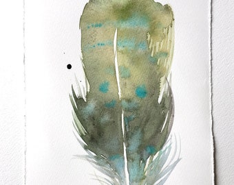 Sage Green Feather painting, Watercolour painting original. Feather Wall Art 7,5 x 11" Nature lover gift, Home gallery