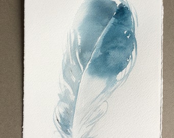 Watercolour feather painting/ Blue feather illustration 7,5 by 11 inch/ Original watercolors only/ Unisex gifts idea/ Nursery decor ooak