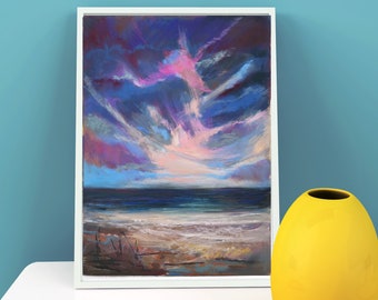 Pink Clouds over the Sea, An Original Pastel Painting by Klaradar, Abstract Paintings, Seascape Drawing 10x13, Gift for Art Lovers, Teacher