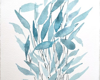 Acuarela abstracta de hojas azules / Ilustración botánica / Acuarela original / Obra de arte de la naturaleza / Jardín, semillas, estilo minimalista