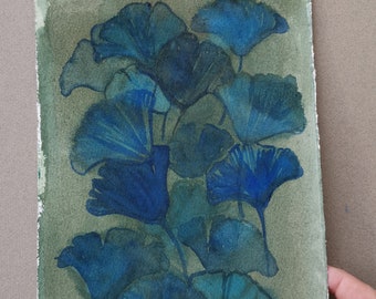 Watercolor Ginkgo Leaves, Blue Green Minimalist Painting, Housewarming Gift , Ginkgo Leaf Decor, Botanical Wall Decor, Original watercolor