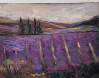 Original Lavender Field Pastel Painting – Landscape Wall Art (9.5x12.5)
