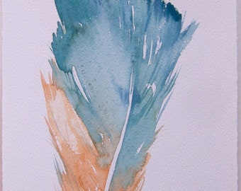 Blue ocher feather painting. Original Watercolor Painting. Feather Wallart. Small watercolors 7,5x11. Fantastic feathers. Unisex gifts