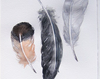 Neutral feathers painted by watercolors. Art painting original. Grey, black feathers painting. Watercolor feathers.Home decor. Kitchen decor