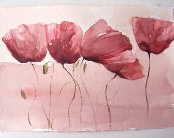 Poppy watercolour, painting of Fields of Poppies. Watercolor wall art/ Art original. Watercolor painting/ Floral illustration 7,5 by 11