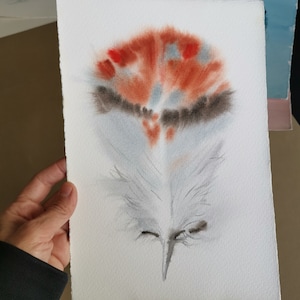 Feather painting in gray and tangerine/ Watercolor art original. Abstract feather illustration 7,5x11/ Home decor/ Birthday gift for him