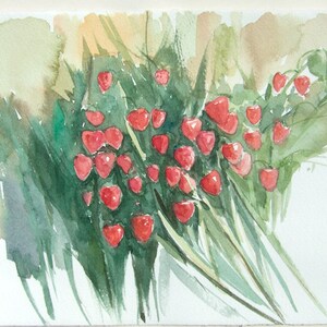 Wild strawberries watercolor painting original, Nature Wall Art 7,5 x 11 in