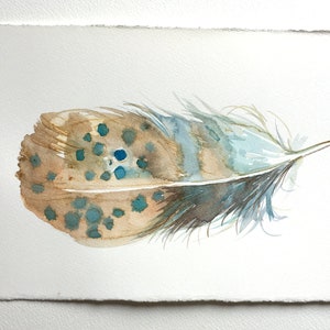 Watercolour painting original. Feather in blue & ochre. Small watercolour 7,5 by 11 inches. Feather wall art, Minimalist art, Unisex gifts image 3