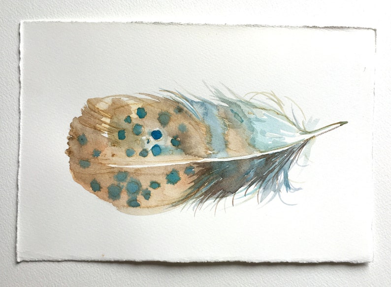 Watercolour painting original. Feather in blue & ochre. Small watercolour 7,5 by 11 inches. Feather wall art, Minimalist art, Unisex gifts image 3