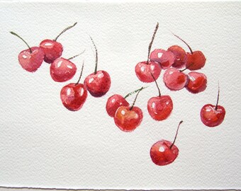 Watercolor painting original | Cherry painting 7x11 | Small watercolor wall art | Original art | Fruits art | Nursery art | Kitchen decor