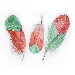 Ilustración de acuarela de plumas Original, Arte de pared de plumas / Pintura menta y roja, Decoración del hogar, Arte minimalista,