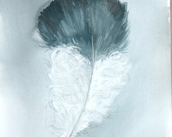 Originele veren aquarel schilderij, minimalistische grijze kunst (15 x 18)