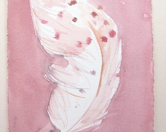 Pink feather painting 7,5 by 11/ Watercolor paintings original only/ Small watercolors/ Rose pink painting/ Fantasy feather illustration