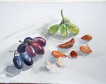 Watercolor painting original. Still life with grapes. Art painting. NAture illustration. Realism still life. Kitchen decor. Home decor