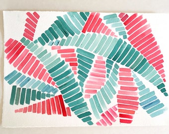 Origineel geometrisch aquarelschilderij | Rode en groene minimalistische kunst