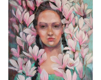 A Girl With Magnolia Tree | Pastel Painting Original | Pastel Wall Art 19x27 | Home Gallery | Emerald Green Decor | Portrait Painting