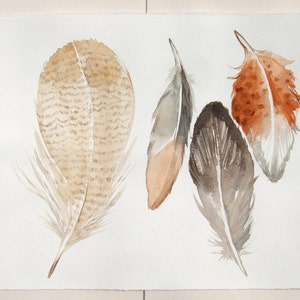 Feathers paintings Original watercolor illustration/ Painted feathers in gray, ocher and taupe/ Four fantasy feathers 11,5 by 15 image 1