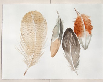 Feathers paintings Original watercolor illustration/ Painted feathers in gray, ocher and taupe/ Four fantasy feathers 11,5 by 15