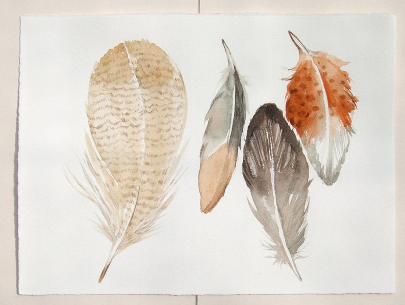 Feathers paintings Original watercolor illustration/ Painted feathers in gray, ocher and taupe/ Four fantasy feathers 11,5 by 15 image 1