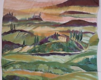 Tuscany Summers Landscape, Silk Painting Original 35x35 in, Silk Wall Art, Watercolor Style, Tuscany Artwork on Silk, Italy