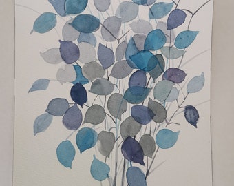 Pintura de acuarela de hojas azules / Ilustración botánica de 9x12