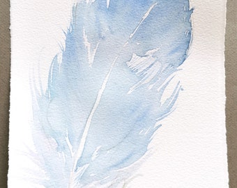 Pale  BLUE Feather illustration | Feather wall art | Watercolor original 7,5 by 11