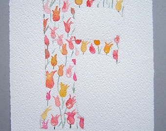 Watercolor painting of letter F. Spring flowers on letter. Original art. Small watercolors. Home decor. Kitchen decor. Alphabet painting