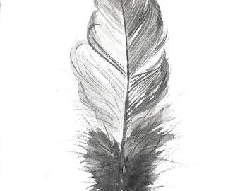 Original Feather Watercolor Painting | Black and White Minimalist Art (7.5x11)