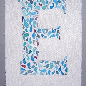 Watercolor painting of letter E. Small watercolors. Art painting original only. Blue, pastel painting. Home decor. image 2