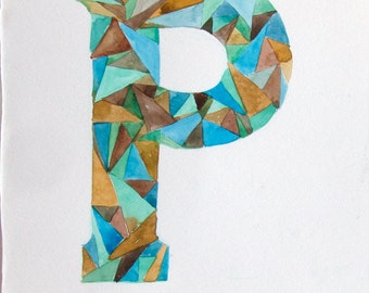 Letter P watercolor painting original. Watercolor illustration. Geometric watercolor. Personalized gift. Typography art. Home decor