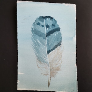 Blue Feather painting 7&quot;x 11&quot;/ Original watercolor painting, Feather Wall Art, Nature painting, Minimalist Art, Feather illustration