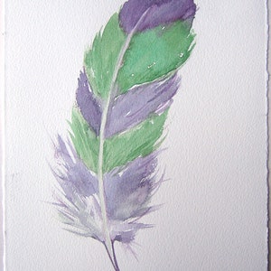 Feather painting in green and purple/ Fantasy feather illustration 7,5&#39;x11&#39;/ Watercolor original only/ Feather wall art/ Home decoration