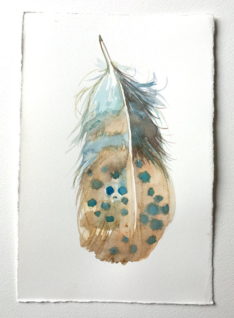 Watercolour painting original. Feather in blue & ochre. Small watercolour 7,5 by 11 inches. Feather wall art, Minimalist art, Unisex gifts image 4