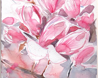 Original Magnolia Watercolor Painting, Floral Wall Art (10.5x14.5 in)
