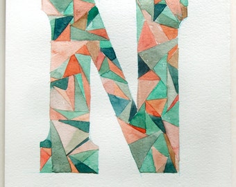 Letter N watercolor painting. Typography art. Geometric painting. Personalized gifts. Mint coral watercolor painting. Small watercolor