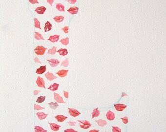 Watercolor painting of letter L. Original art. Typography art. Art watercolor. Small watercolor with pink and red lips. Decorative art.