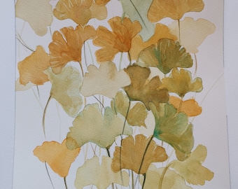 9x12 Watercolor Painting Original | Botanical Illustration | Ginkgo leaf wallart| | Nature Art, Minimalist style | Ginkgo biloba leaves