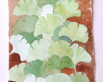 Braun Grün Ginkgoblätter Malerei, Aquarell Original, Botanische Malerei, Ginkgoblätter Illustration, Kleines Aquarell 20 x 38 Kunstliebhaber