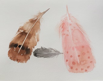 Watercolor feather painting/ Feather art/ Pink, brown and gray feather wall art/ Minimalist art/ Home and living/ Feather illustration