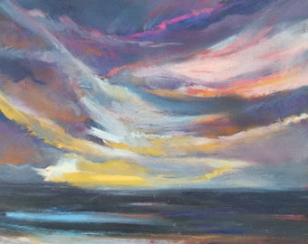 Sunset on The Beach, Pastel Painting Original 10x13", Seascape pastel artwork, Home Gallery, Art Painting Pastels, Abstract Wall Art, Unisex