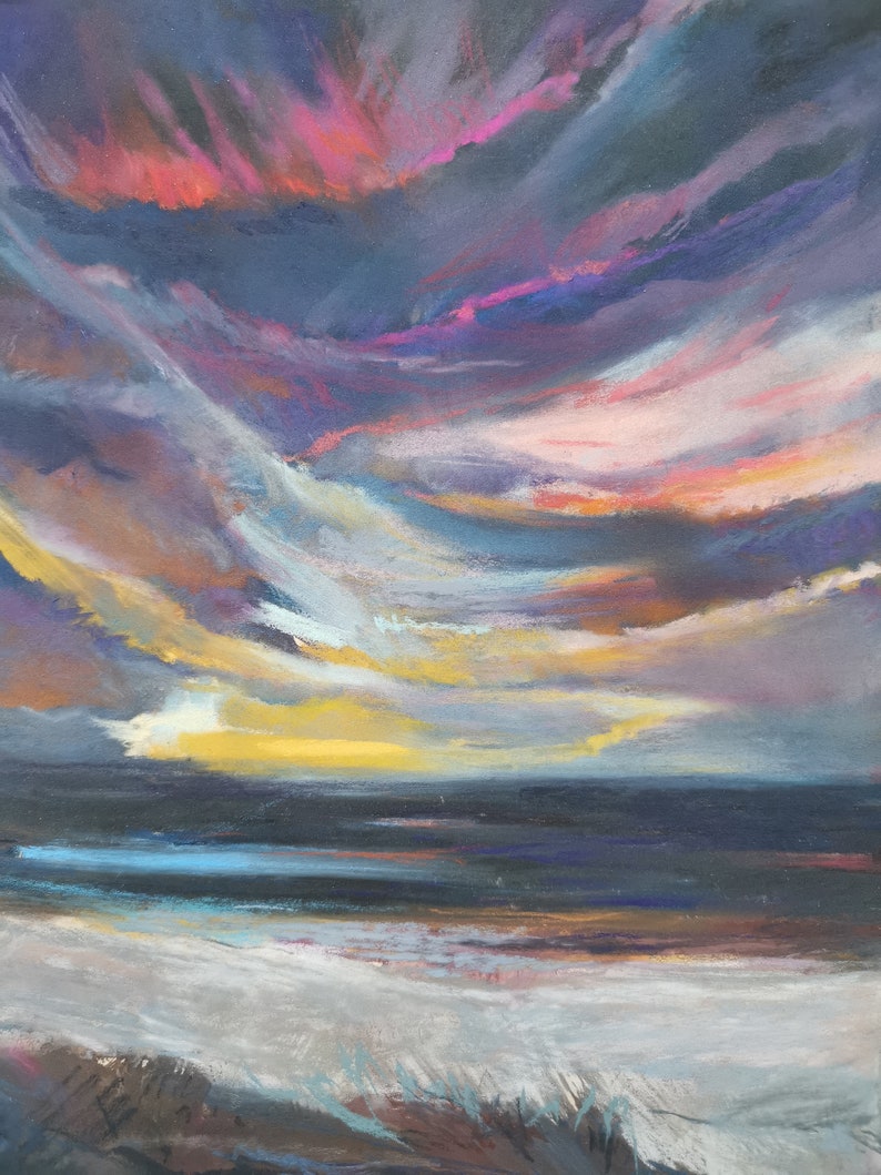 Coucher de soleil sur la plage, peinture pastel originale 10 x 13, oeuvre d'art pastel paysage marin, galerie d'accueil, peinture pastel, art mural abstrait, unisexe image 1