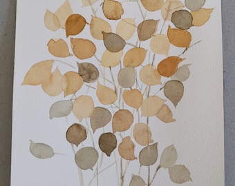 9 x 12 Botanical Watercolor Painting Original, Abstract Leaves Ocher Gray, Leaf Illustration, Kitchen Décor | Nature Wall Art