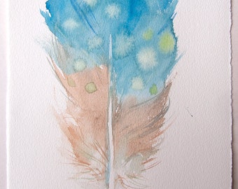 Blue beige feather illustration/ Watercolor painting original. Small watercolors 7,5''x11''/ Feathers artwork/ Home decor